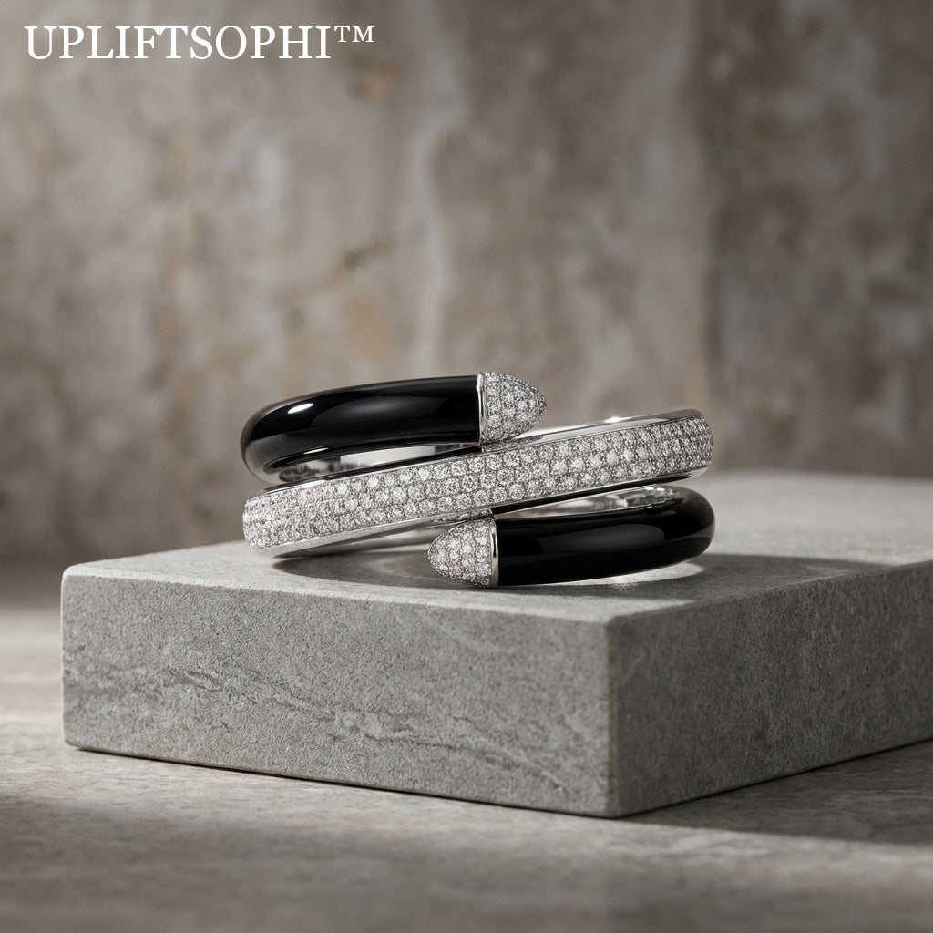 🌑 Upliftsophi™ THE ONYX & PAVÉ SERPENT COIL "Power is found in the contrast. A dual-textured bypass cuff engineered to wrap the wrist in a continuous loop of high-gloss shadow and light."