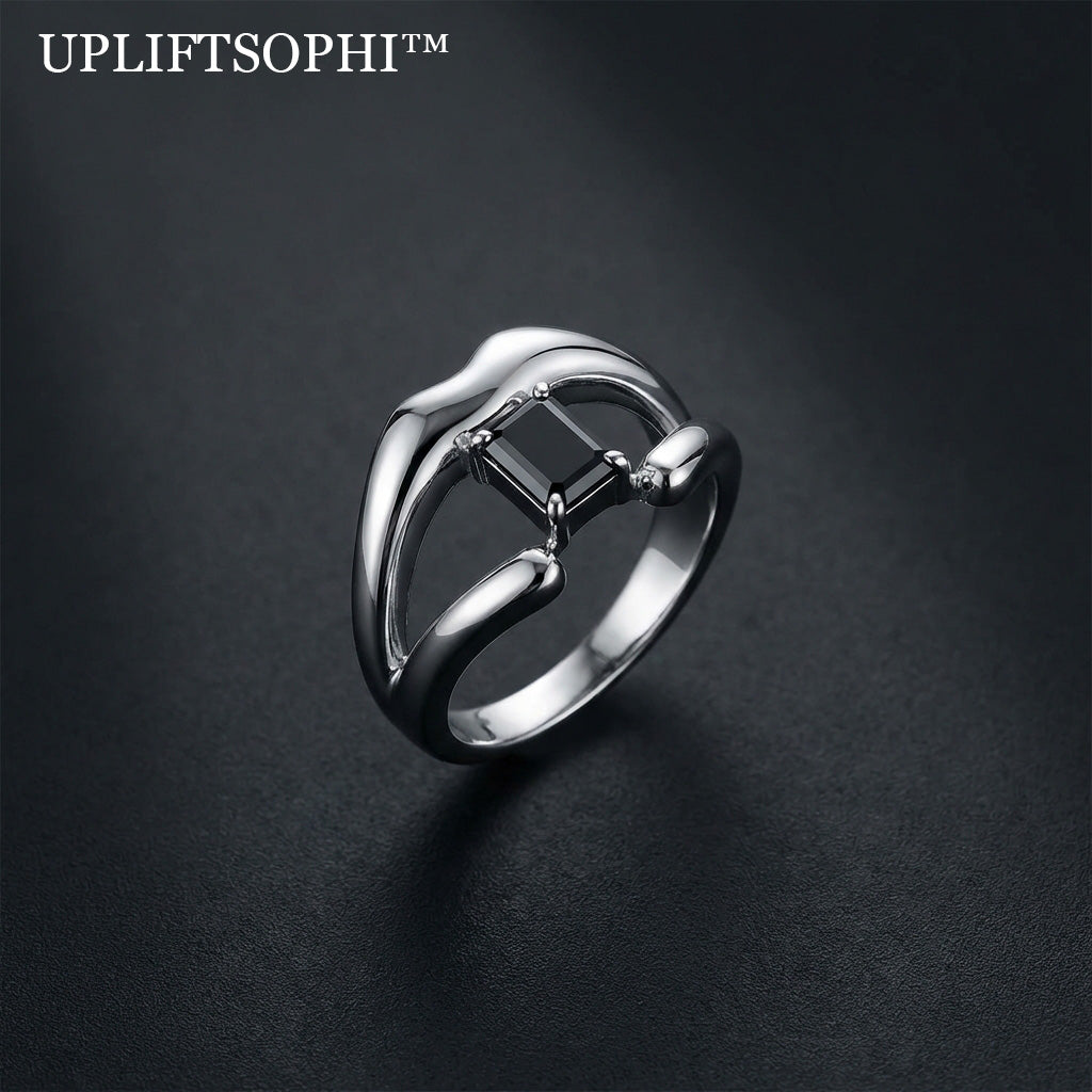🌑 Upliftsophi™ THE OBSIDIAN CORE BYPASS RING "The most powerful light is the one that frames the darkness. A structural bypass ring engineered to suspend a perfect geometric void within a flow of polished silver."