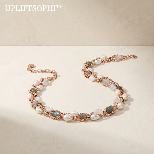 🌙 Upliftsophi™ THE LUNAR WEAVE STRAND - "A necklace designed to capture the shifting light of the night sky. Each stone is a fragment of a dream, held securely within a golden web."
