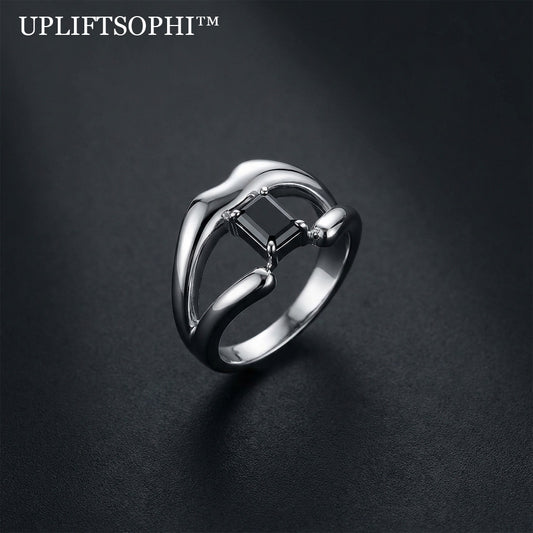 🌑 Upliftsophi™ THE OBSIDIAN CORE BYPASS RING "The most powerful light is the one that frames the darkness. A structural bypass ring engineered to suspend a perfect geometric void within a flow of polished silver."